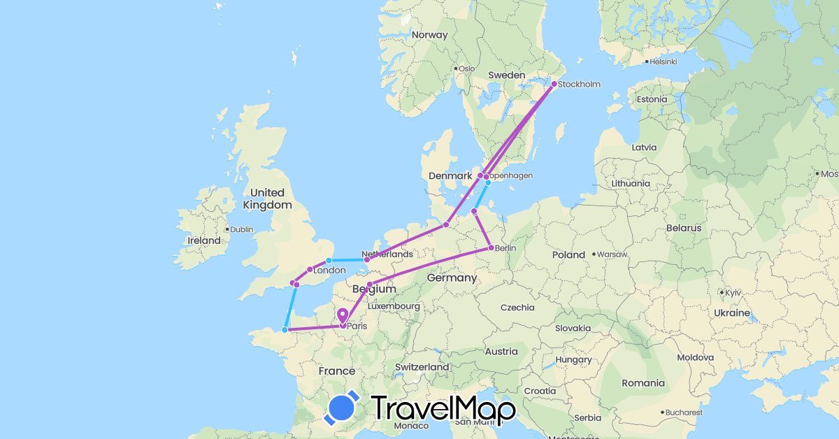 TravelMap itinerary: driving, train, boat in Belgium, Germany, Denmark, France, United Kingdom, Netherlands, Sweden (Europe)